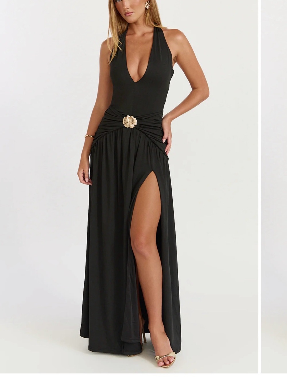 Showpo Black Halter Maxi Dress with Gold Floral Accent